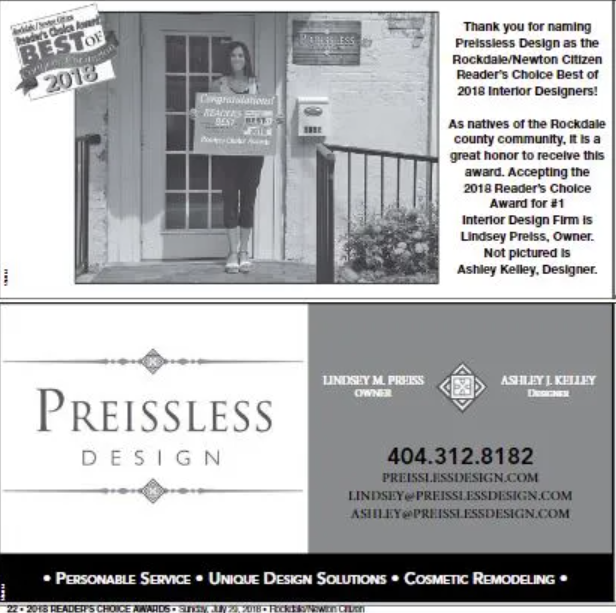 Named by the Rockdale/Newton Citizen Reader’s Choice 2018 – 2018 best Interior Designer